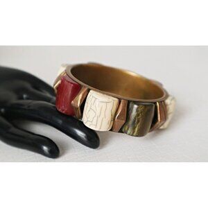 Vintage Chunky Bracelet Brass With Resin Panels Bangle Cuff